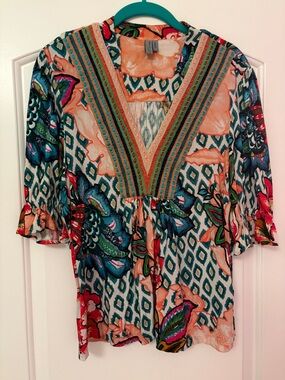 Anthropologie Bl^nk London “Stephanie” Top Floral V-neck embroidered M
